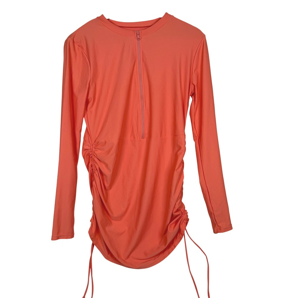 Mott50 Rash Guard Dress Womens Medium Orange Swim Cover Up UPF 50+ Ruched Zip